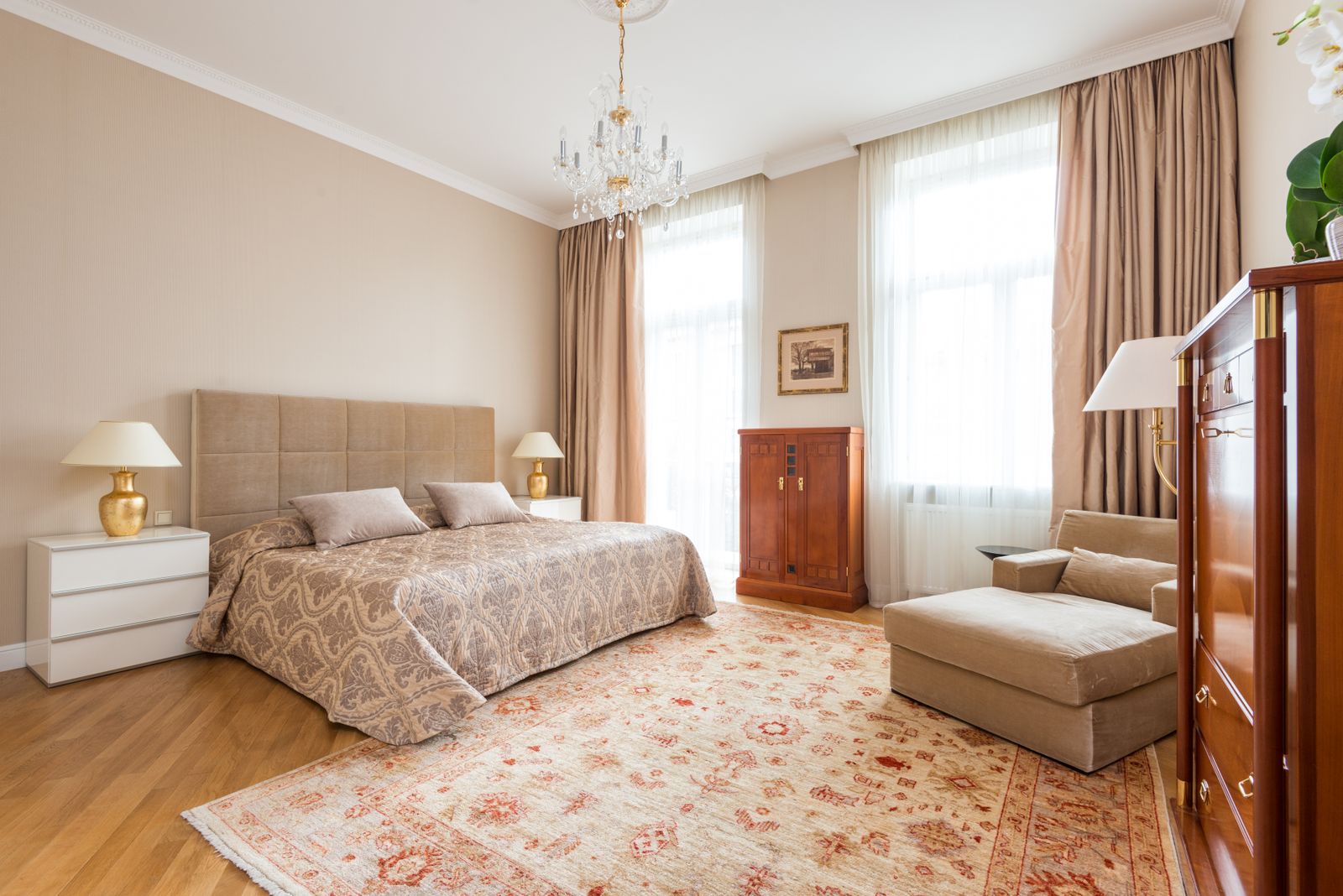 Champagne curtains with sheers in a classic bedroom